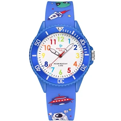 Image of Alienwork Space Alien Children&#039;s Teacher Watch Boys Blue Silicone Strap Multi Coloured Kid Waterproof 5 ATM Learning Time