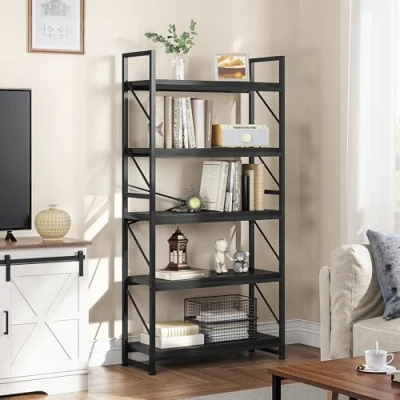 Image of YITAHOME Bookcase 5 Tiers, Industrial Book Shelf Large Floorstanding case Wooden and Metal Frame Shelving Unit Display Storage Rack for Living Room, Home Office, Black Bookshelf