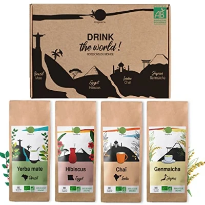Image of ORIGEENS Organic Tea GIFT SET TEAS FROM AROUND THE WORLD Hibiscus Tea, Mate Chai Black Genmaicha Green Herbal Box 4x80gr