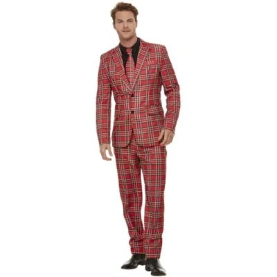 Image of Smiffys Tartan Suit, Red with Jacket, Trousers &amp; Tie, Stand Out Suits Fancy Dress, Xmas Dress Up Costumes