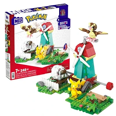 Image of MEGA Pokémon Building Toys Set, Countryside Windmill with 240 Pieces, Motion and 3 Poseable Action Figures, for Kids, HKT21