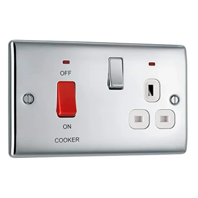 Image of British General Npc70W 01 Polished Chrome 45A Cooker Connection Unit Switched Socket With Power Indicator White Surround