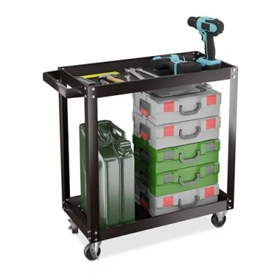 Image of Relaxdays Tool Trolley, 2 Tiers, Workshop Cart, up to 100 kg, 76 x 78 35 cm, DIY Equipment, Garage &amp; Mechanic, Black, Iron, Steel, Rubber