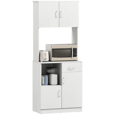 Image of HOMCOM Freestanding Kitchen Cupboard, Modern Storage Cabinet with Doors, Microwave Counter and Adjustable Shelves, White