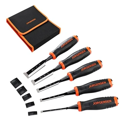 Image of JORGENSEN Wood Chisel Set, 5 Pieces Carving Chisels (6 mm, 10 12 19 25 mm), Cr V Bevel Edge with Steel Strike Caps, Professional Woodworking Tools Storage Bag