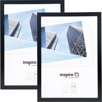Image of Hampton Frames OXFORD A3 (30x42cm) Black Picture Poster Photo Frame Acrylic (Non Glass) OXF3042NG 2 Pack, DOUBLE (Pack of 2)