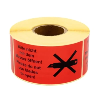 Image of MD labels Warning on a roll 100 x 50 mm 500 Please do not open with the knife. use blades to open. shipping sticker instructions adhesive