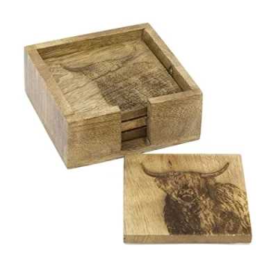 Image of Set Of 4 Mango Wood Highland Cow Coasters Piece Rustic With Holder Cup Mug Table Mats Wooden Square Drinks Coaster