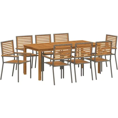 Image of vidaXL 9 Piece Garden Dining Set Grey Poly Rattan Acacia