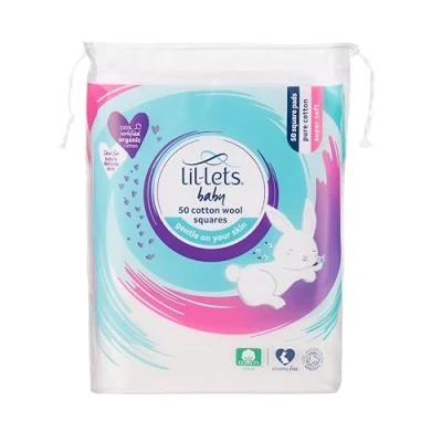 Image of Lil Lets Baby Cotton Squares 50 Count (1 Pack), 100% Pure Cotton, Certified Organic, Soft and Gentle, Dermatologically Tested, Suitable for Babies.