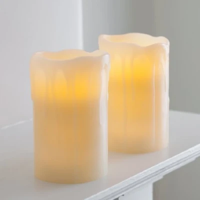 Image of Lights4fun Set of 2 Flameless Dripping Wax Church Pillar Battery Operated LED Candles with Timer
