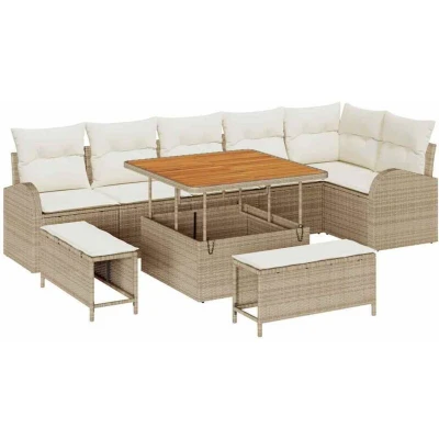 Image of vidaXL 9 Piece Garden Sofa Set with Cushions Beige Poly Rattan Acacia