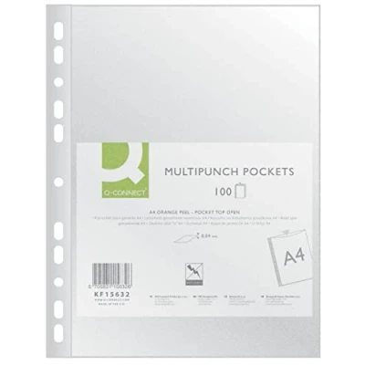 Image of Q Connect KF15632 Document Wallets/Transparent Wallets Grained A4 Pack of 100 / Top Open Transparent Pockets Perforated Plastic Cover/Transparent 40 Micron