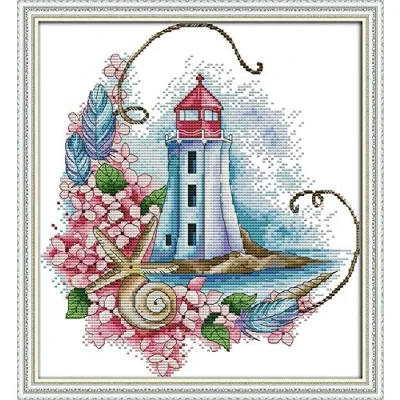 Image of Cross Stitch Kits, Awesocrafts Starfish Lighthouse Flowers Easy Patterns Stitching Embroidery Kit Supplies Christmas, Counted (Lighthouse, Counted)