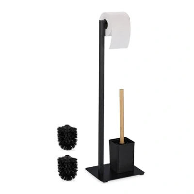 Image of Relaxdays WC Set, Bamboo, Stainless Steel, Free Standing, incl. 2 Spare Heads, Toilet Roll &amp; Brush Holder, Black/Natural, 69 x 22 18 cm