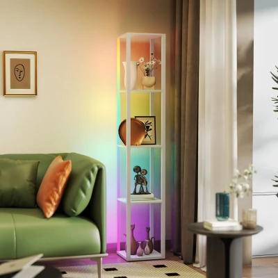 Image of Rgb led Floor Lamp with Shelves and Remote Control for Bedroom, Oak Homcom
