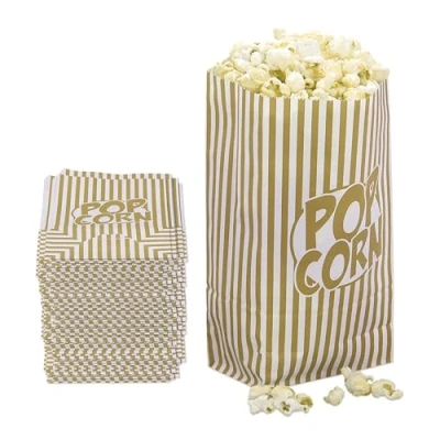 Image of Relaxdays Popcorn Bags, Set of 144, Striped, Retro Look, Cinema, Movie Night Accessory, Cardboard, Container, Gold/White, Paper, 26 x 13 8 cm