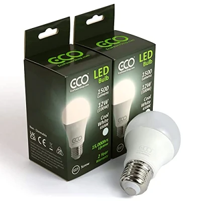 Image of ECO 100W E27 Edison Screw Energy Saving LED Light Bulbs, Low 12W LED, Bright 1500 Lumens, Cool White 6500K, 15,000Hrs Lifetime. 2X Pack.
