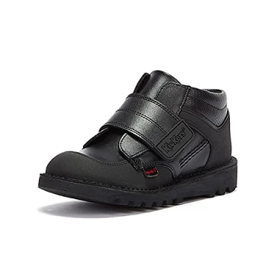 Image of Kickers Junior Boy&#039;s Kick Mid Scuff Durable Black Leather School Shoes Flat Ankle Boot, Black, 2 UK