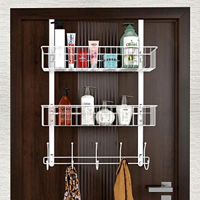 Image of LUCYCAZ Over Door Hanger, Hooks with 5 and 2 Mesh Deep Basket, The Hanger Storage Rack for Bathroom Kitchen Bedroom Hanging (White)