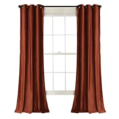 Image of Lush Decor Prima Velvet Curtains Color Block Room Darkening Window Panel Set for Living Dining Bedroom (Pair), 84 inch L, Rust