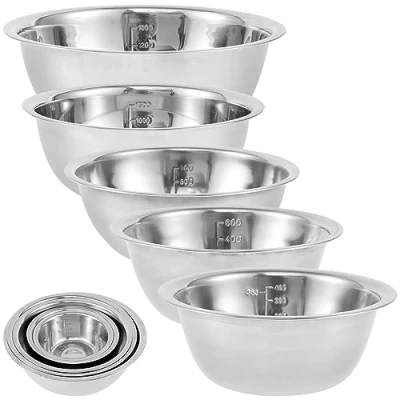 Image of 5Pcs Mixing Bowl Set Stainless Steel Nesting with Measurement Marks Space Saving Salad Bowls Dishwasher Safe 5/3/2/1.5/0.63QT Metal Prep for Cooking Baking Food