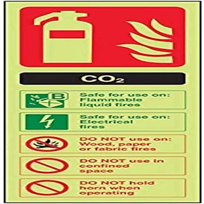 Image of V Safety 11004AJ G Glow In The Dark Co2 Id Fire Extinguisher Sign 100mm x 280mm Rigid Plastic, Black/Green/Red