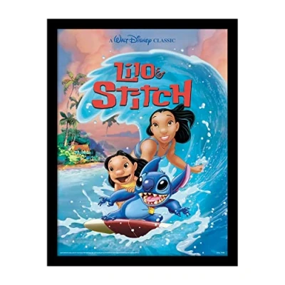 Image of Pyramid International Disney Lilo and Stitch Framed Print (Wave Surf Design) Wall Art, 30cm x 40cm. Art Official Merchandise