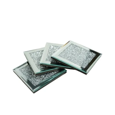 Image of SERENA&#039;S ® 4 Pack Crushed Diamond Crystal and Mirror Coasters Set of Glittering Silver for Home Kitchen Bar &amp; Restuarant Decor (Square)