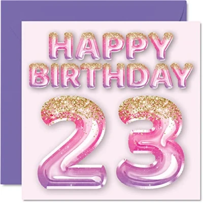 Image of 23rd Birthday Card for Women Pink &amp; Purple Glitter Balloons Happy Cards 23 Year Old Woman Daughter Sister Auntie Cousin, 145mm x Twenty Three Third Greeting Gift