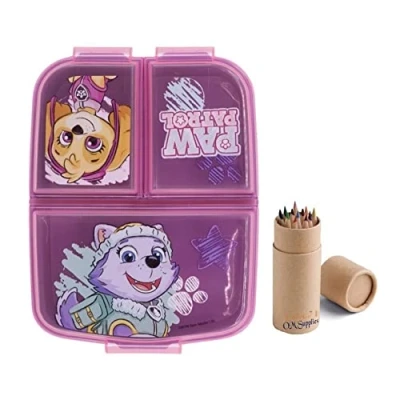 Image of OM SUPPLIES Paw Patrol Girl Reusable Sandwich Lunch Box 3 Multi Compartment Kids Children School Includes Half Size 12pcs Pencil Set (Paw Girl)