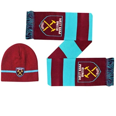 Image of GIFTS 4 ALL Official West Ham Utd Football Crest Beanie Hat &amp; Scarf Gift Set, Fans Scarf, Woolly Hat,