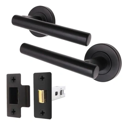 Image of EAI Black Door Handle Latch Set Round T Bar Internal Handles &amp; (64mm) Matt Lever on Rose Oliena Range