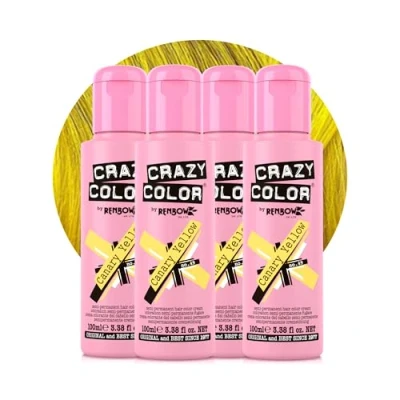 Image of Crazy Color Vibrant Canary Yellow Semi Permanent 4 Pack Quad Hair Dye. Highly Pigmented Bright Conditioning &amp; Oil Nourishing Vegan Formula No Bleach or Ammonia 400ml