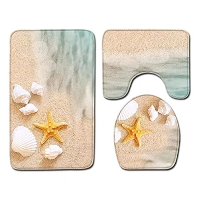 Image of Shinewe 3 Pieces Bathroom Rug Set Pedestal Mat Non Slip Bath Toilet Lid Cover (Beach,Starfish Sea Shell)