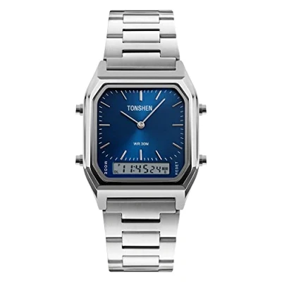 Image of TONSHEN Mens Multifunction Outdoor Sport Watch Waterproof LED Back Light Alarm Stopwatch Analo Quartz Electronic Digital Three Time Stainless Steel Watches Style (Blue)
