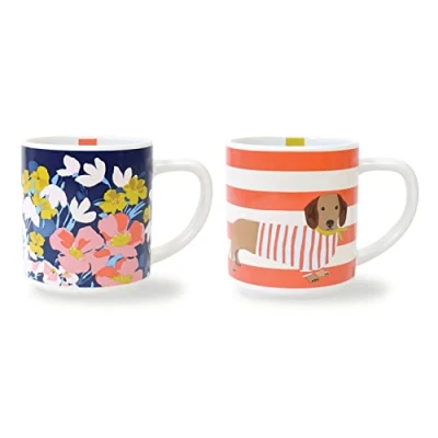 Image of Joules Bright Side Set of 2 Stackable Ceramic Mugs for Tea or Coffee Featuring Floral and Sausage Dog Designs