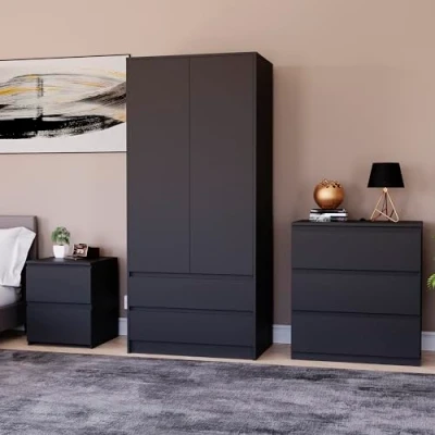 Image of Vida Designs Denver Bedroom Furniture Set (Black, 3pc 3 DWR Chest+2 Dr Wardrobe+2 Bedside Table)