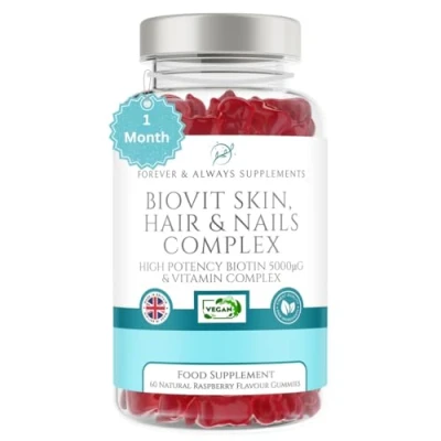 Image of Biotin Hair Skin &amp; Nails Gummies, 60 Vegan Raspberry Flavoured Growth high Strength 5000μg Vitamins Minerals, Nail Supplement