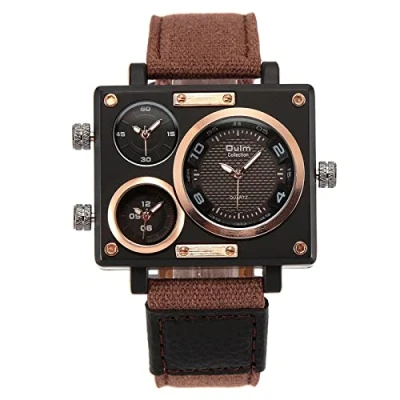 Image of JewelryWe Mens Military Watch Three Time Zone Big Square Quartz Casual Sports Leather Wristwatch