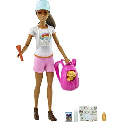 Image of Barbie Hiking Doll, Brunette, with Puppy &amp; 9 Accessories