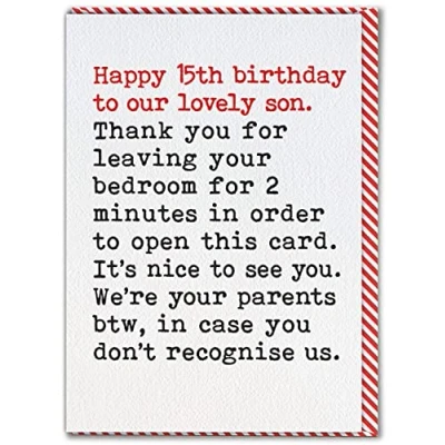 Image of Brainbox Candy Funny 15th Birthday Card For Son &#039;Nice To See You&#039; Happy Age 15 Cheeky Joke Banter From Mum Dad Parents Son&#039;s Fifteenth