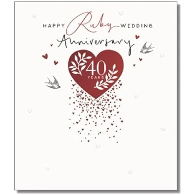 Image of Paperlink Milestone Wedding Anniversary Card 40 Years Ruby Heart &amp; Swallows Eco Friendly Recyclable Made in England