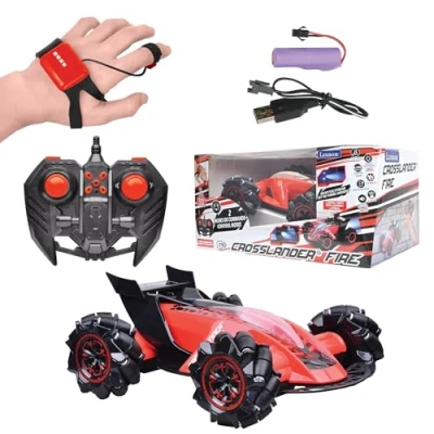 Image of Lexibook RC60, Crosslander Fire, car, up to 12km/h, 4 wheel drive, smoke jet, light and sound effects, music, remote gesture control bracelet included, rechargeable, Red,black