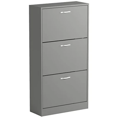 Image of Vida Designs 3 Drawer Shoe Cabinet Cupboard Storage Organiser Pull Down Wooden Furniture Unit (Grey)