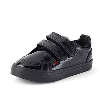 Image of Kickers Boy&#039;s Girl&#039;s Tovni Twin Vel Easy Fastening Leather School Shoes, Patent Black, 5 UK Child