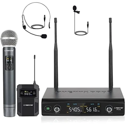 Image of Phenyx Pro Wireless Microphone System, Metal Mic Set with Handheld Microphone/Bodypack/Headset/Lapel Mics, 2 x 30 UHF Frequencies, Cordless for Singing, Karaoke, Church, DJ (PTU 52B)