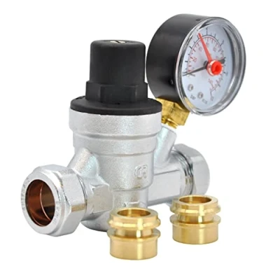 Image of Water Pressure Reducing Regulator Valve for 22mm Compression &amp; 15mm Copper Piping Adjustable 1 6 Bar Brass with Gauge.