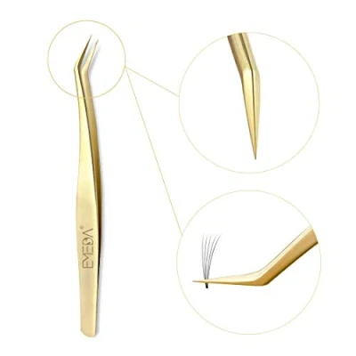 Image of Golden Tweezers for Volume Eyelash Extensions Precision Stainless Steel Curved Pointed Individual and 3D 6D False Lash Suppliers by EMEDA