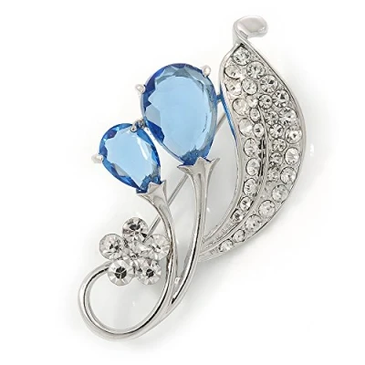 Image of Avalaya Rhodium Plated Light Blue CZ, Clear Crystal Floral Brooch 50mm Across